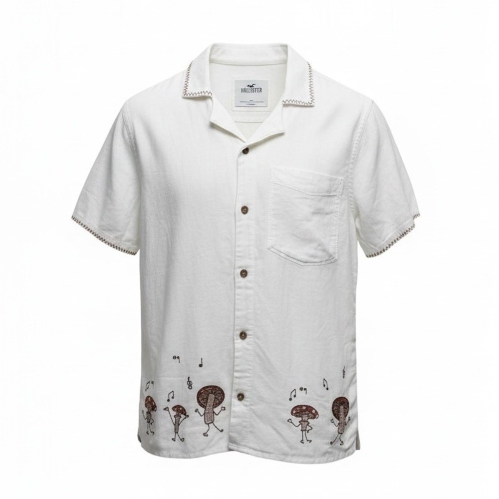 Hollister Mens XS‎ Cotton Novelty Print Embroidered Mushrooms Button-Up Shirt